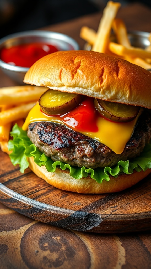 Juicy Grilled Beef Burgers Recipe A juicy grilled beef burger with cheese, lettuce, tomato, and pickles on a toasted bun, served with fries.